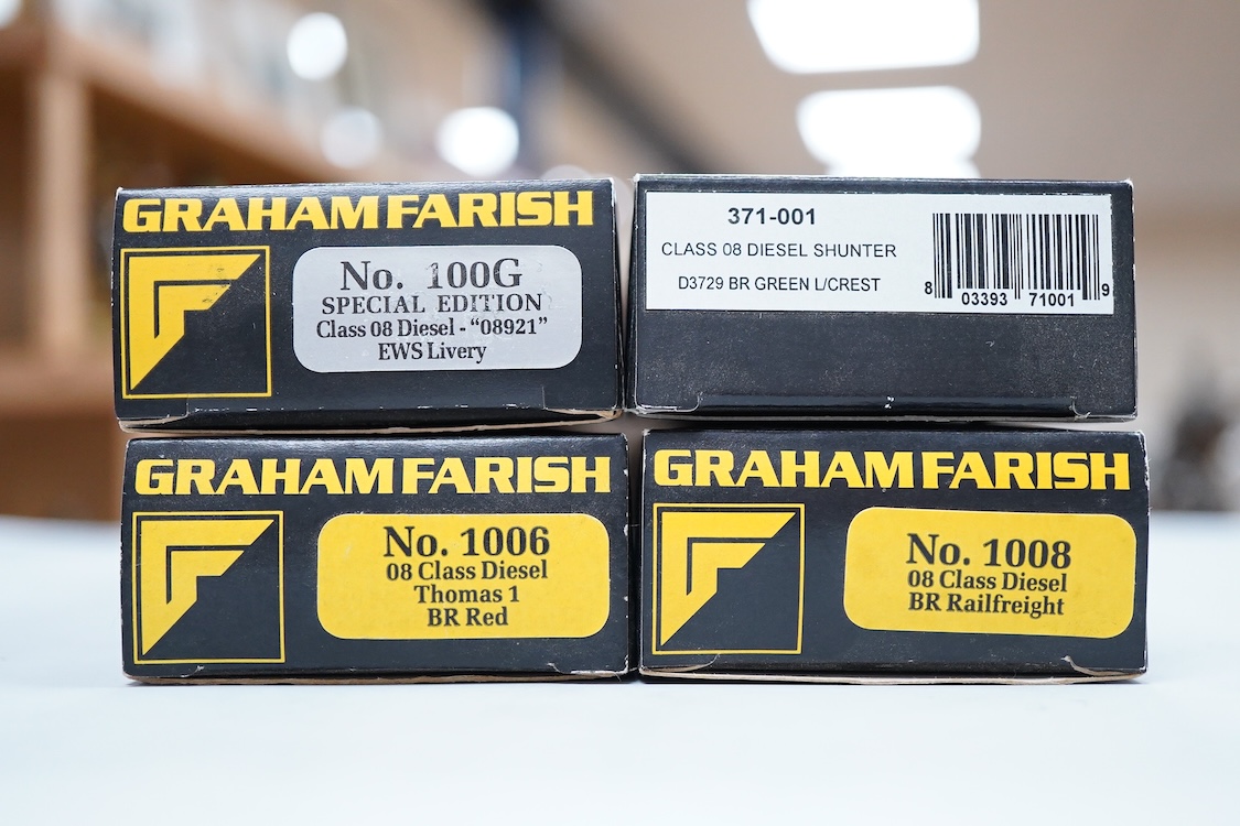 Four boxed Graham Farish N gauge railway Class 08 0-6-0 diesel locomotives; a BR, D3729 (371-001), a BR Railfreight, 08 834 (1008), an EWS, 08921 (100G) and a Thomas 1, 08500 (1006).
